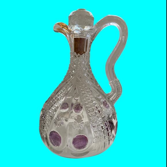 Vtg EAPG Glass Vinegar-Oil Cruet, Stopper Cranberry Flash Pitcher Dimple & Star - Picture 12 of 16